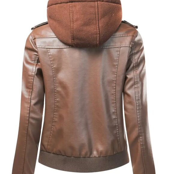 Hooded Coffee Motorcycle Biker Style Jacket - Picture 2 of 5